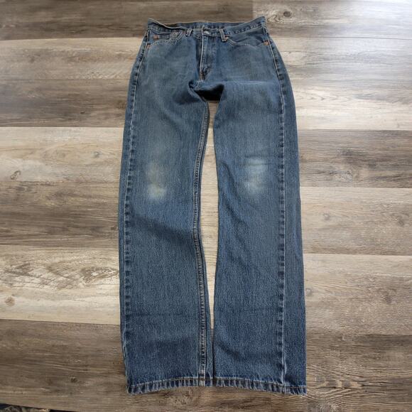 Levis 505 Red Tab Faded Blue Mens 36x31 Regular Fit Straight Leg Denim Jeans - Picture 1 of 12